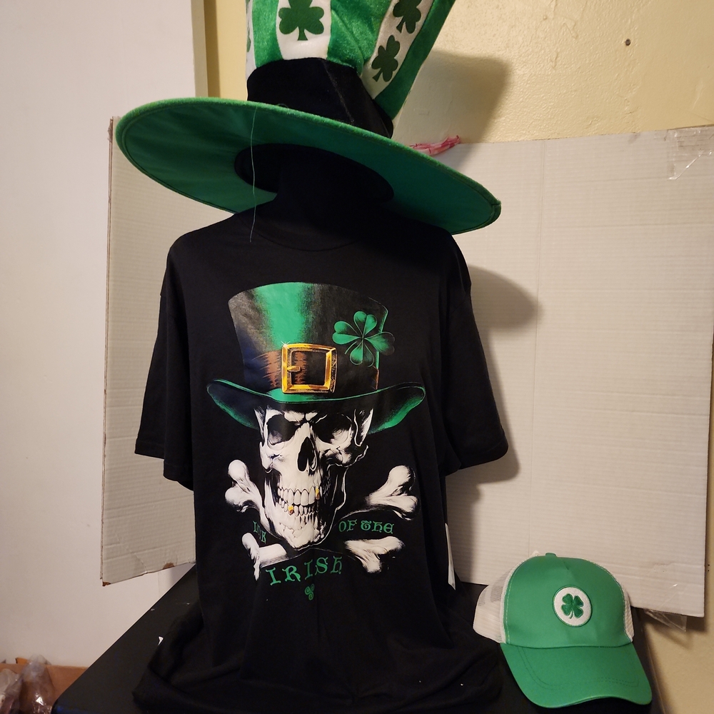 Black T-Shirt with Green Skull and Hat Design
